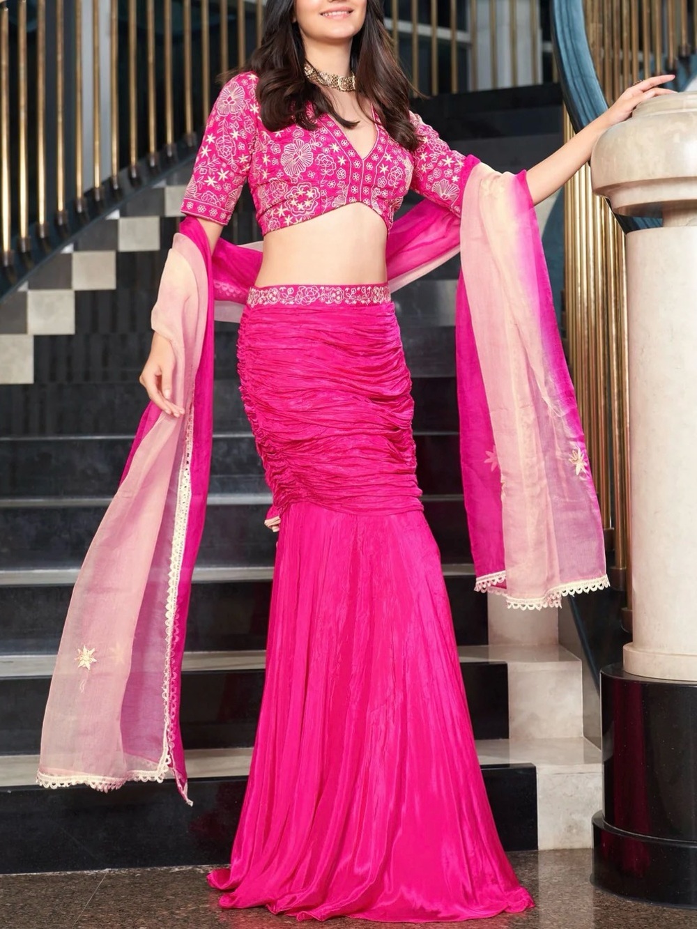 Women's Hot Pink Embellished Mermaid Skirt Set